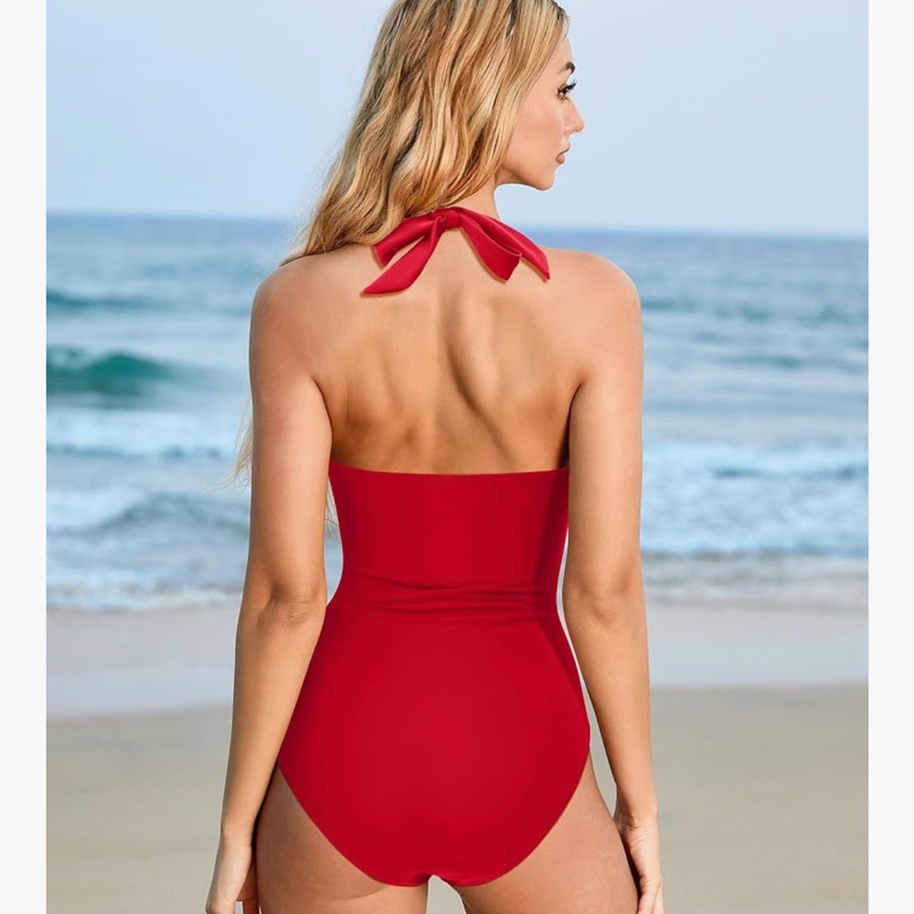 Red SUUKSESS Women Sexy Tummy Control One Piece Swimsuits Halter Push Up Swim M - Picture 3 of 8